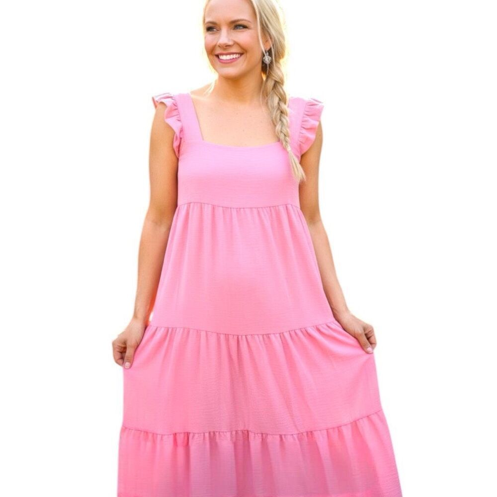 Pink Ruffled Sleeveless Tiered Midi Dress NWT | Reborn J - Picture 5 of 9